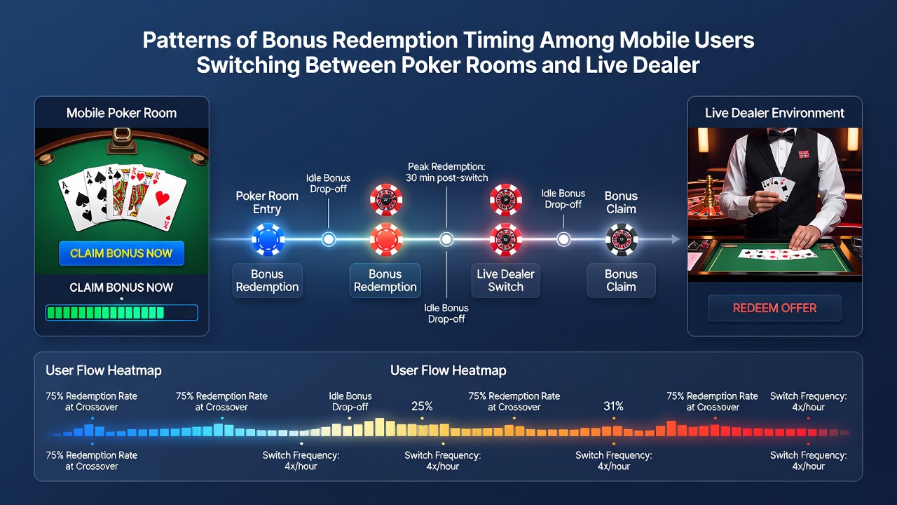 Analytics dashboard displaying bonus redemption timing patterns for mobile users alternating between poker and live dealer games in tournament settings